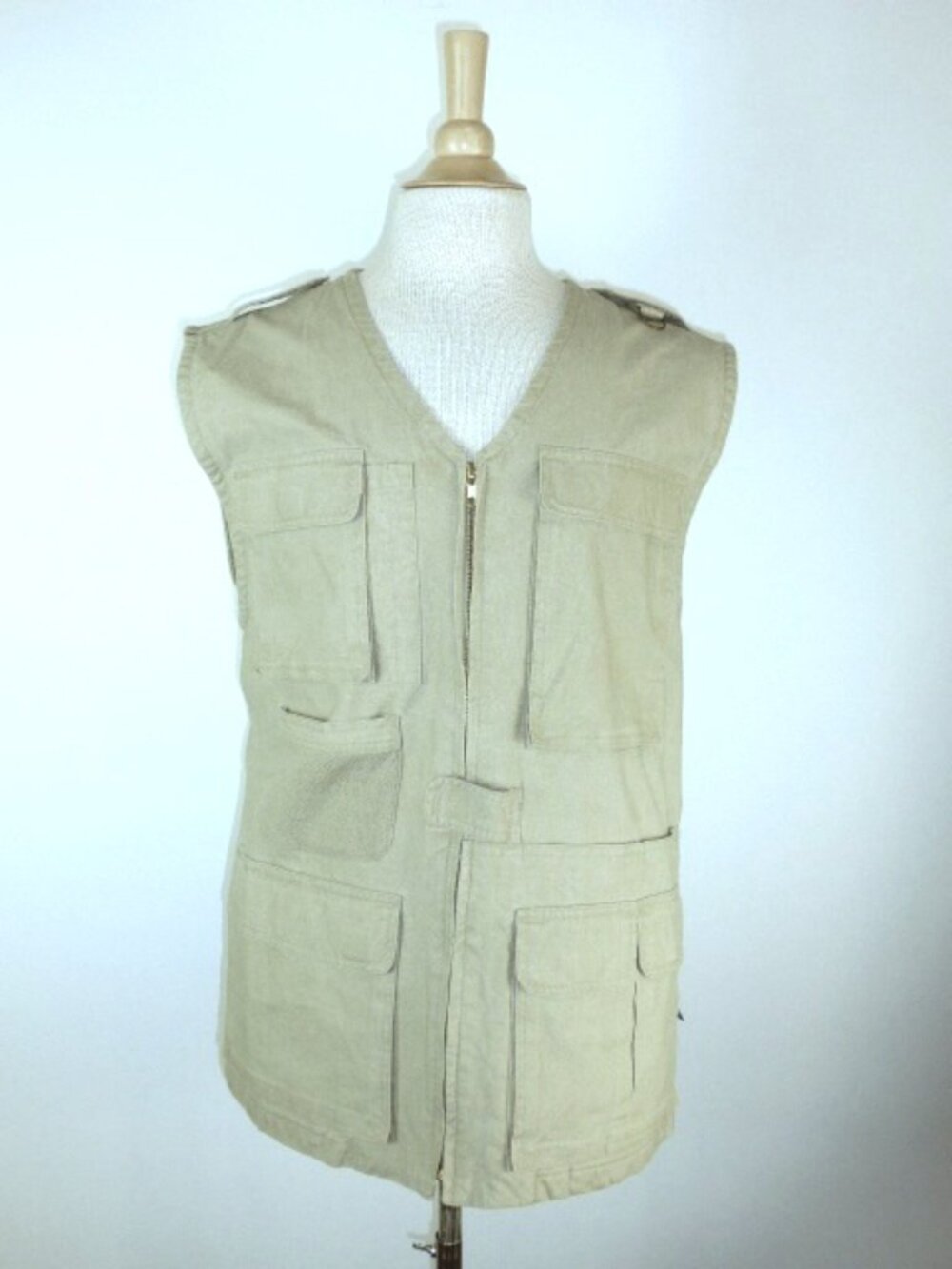 TERRAMAR COTTON zip front sport vest sleeveless pockets tan  khaki classic L